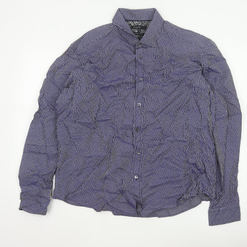 Autograph Men Blue Striped Floral Cotton Shirt 2XL Long Sleeve