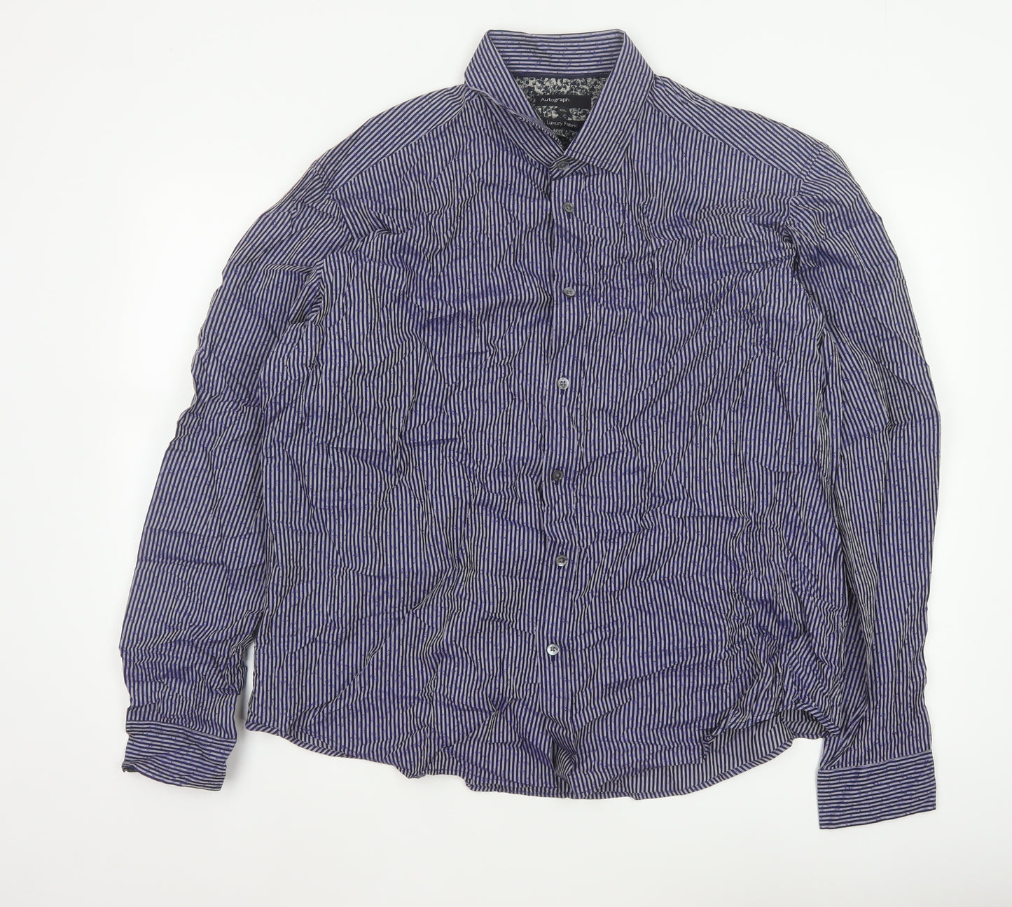 Autograph Men Blue Striped Floral Cotton Shirt 2XL Long Sleeve