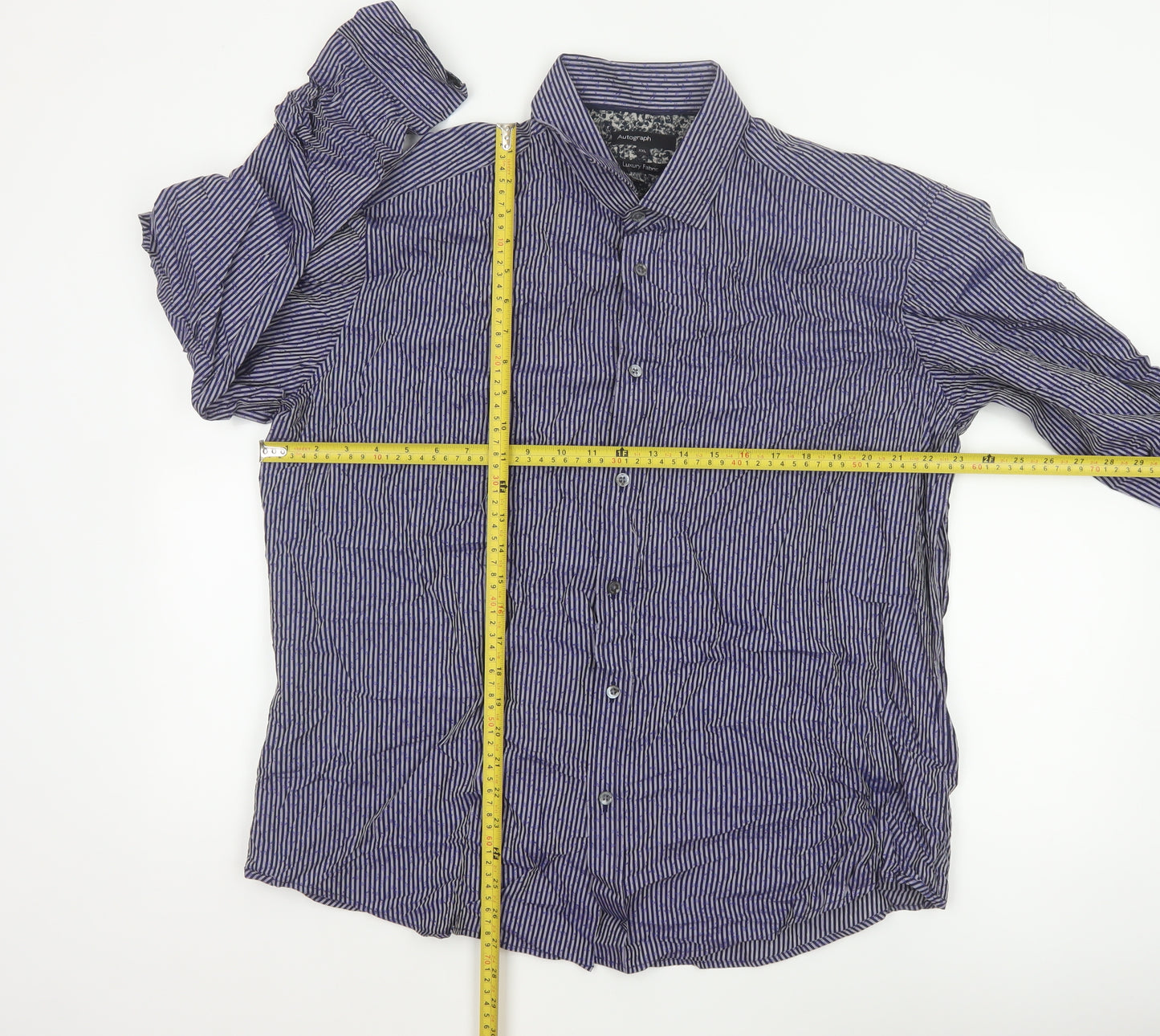 Autograph Men Blue Striped Floral Cotton Shirt 2XL Long Sleeve