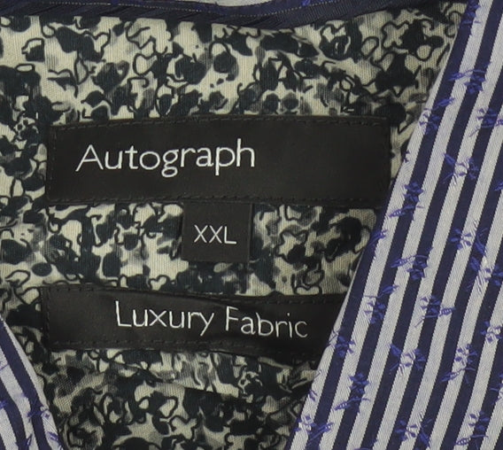 Autograph Men Blue Striped Floral Cotton Shirt 2XL Long Sleeve