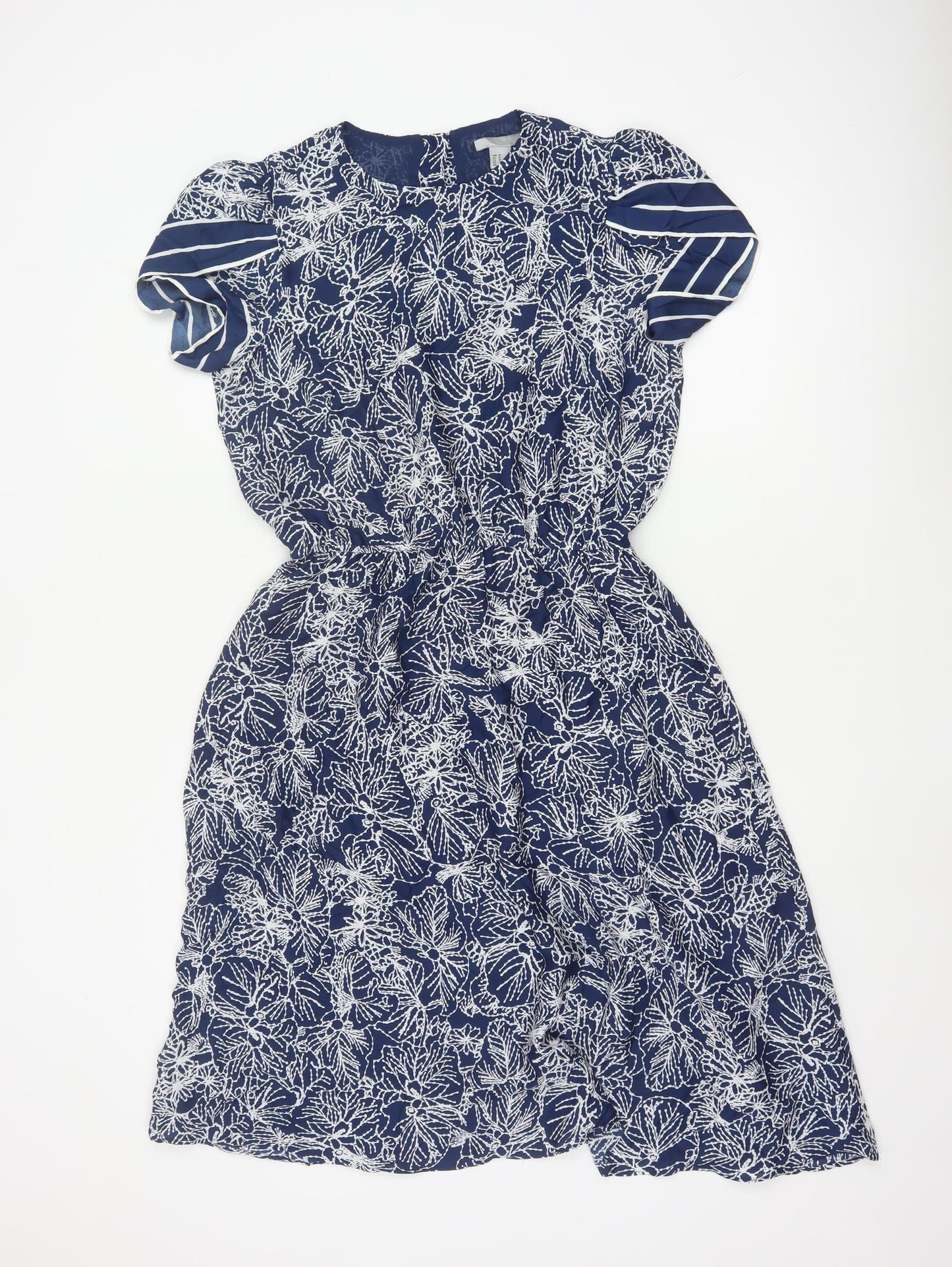 H&M Women Blue Floral Fit & Flare Knee Length Dress UK 12