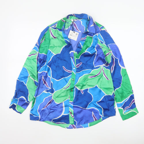 Zara Women Blue Green XS Cupro Geometric Button-Up Shirt Long Sleeve