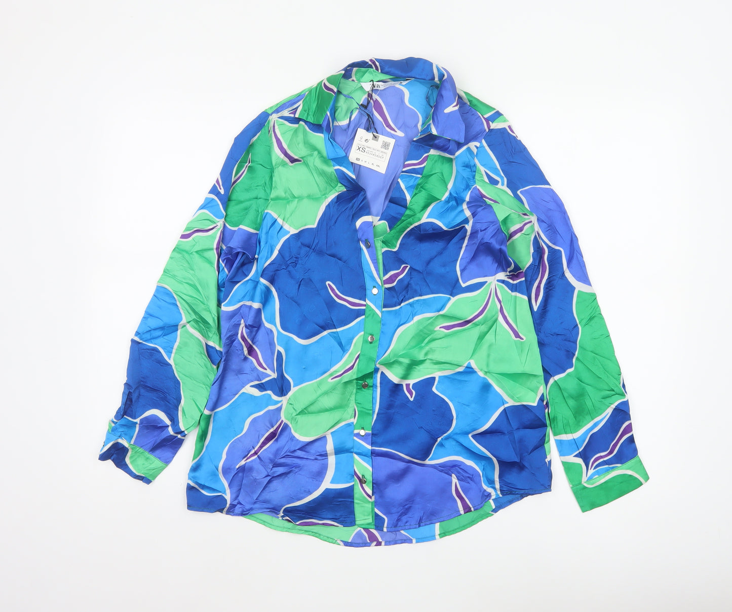 Zara Women Blue Green XS Cupro Geometric Button-Up Shirt Long Sleeve