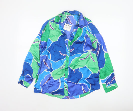 Zara Women Blue Green XS Cupro Geometric Button-Up Shirt Long Sleeve