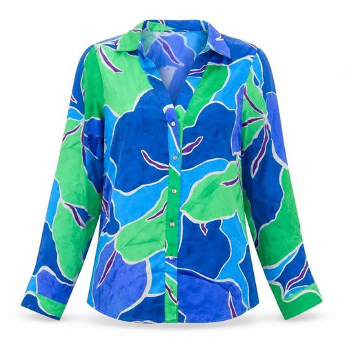 Zara Women Blue Green XS Cupro Geometric Button-Up Shirt Long Sleeve