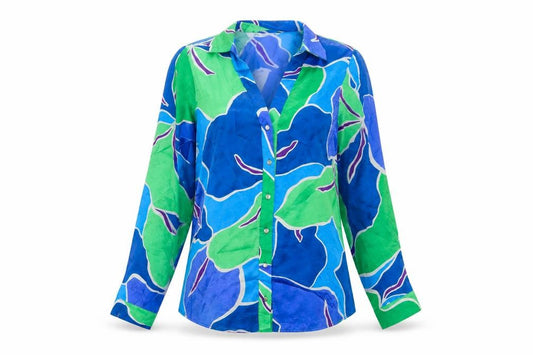 Zara Women Blue Green XS Cupro Geometric Button-Up Shirt Long Sleeve