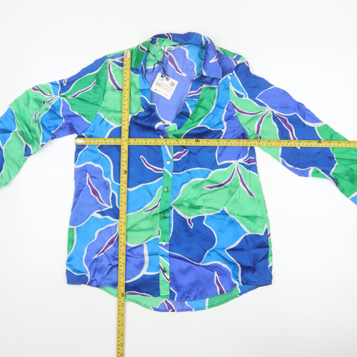 Zara Women Blue Green XS Cupro Geometric Button-Up Shirt Long Sleeve