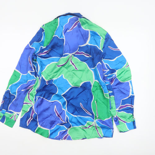 Zara Women Blue Green XS Cupro Geometric Button-Up Shirt Long Sleeve