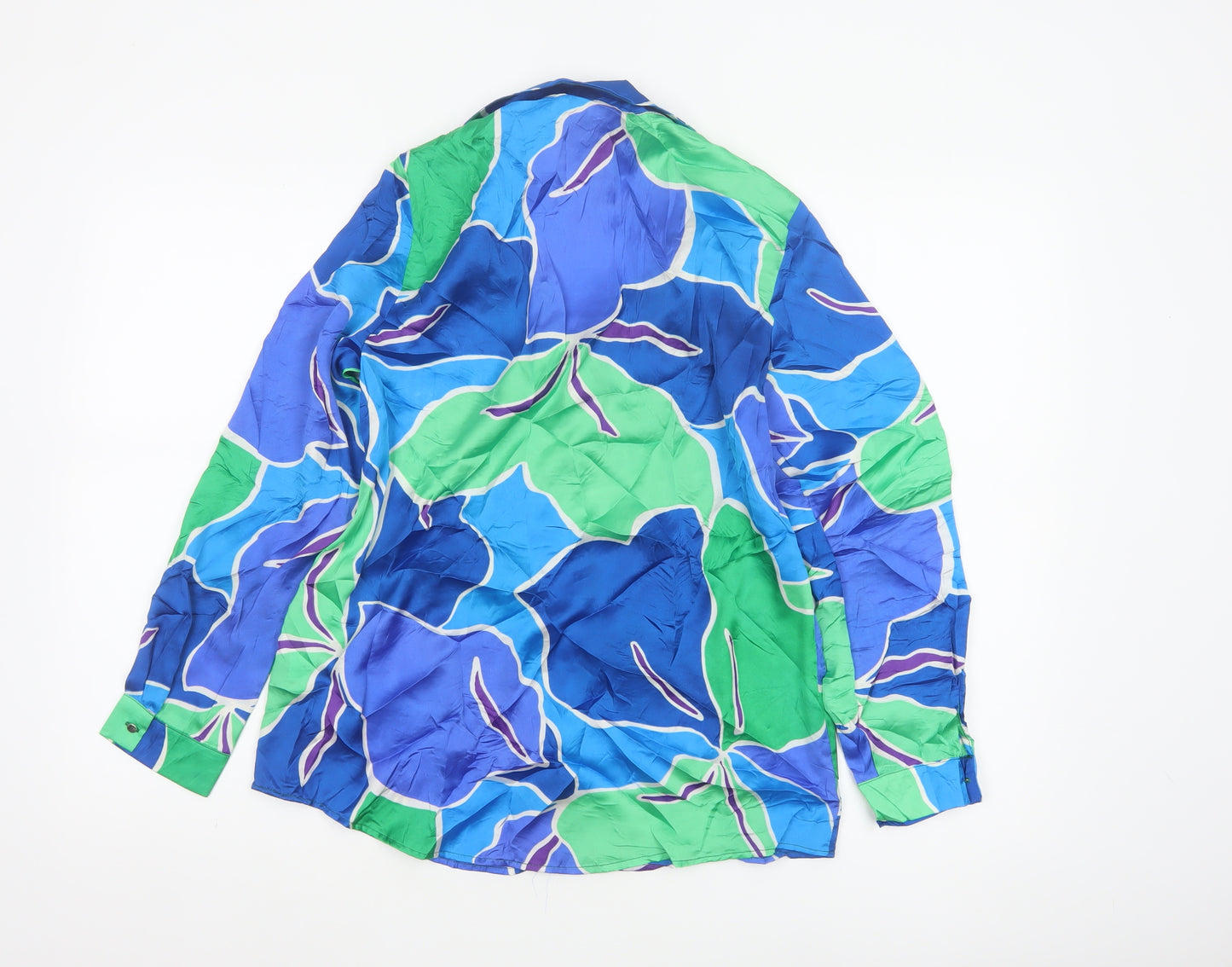 Zara Women Blue Green XS Cupro Geometric Button-Up Shirt Long Sleeve