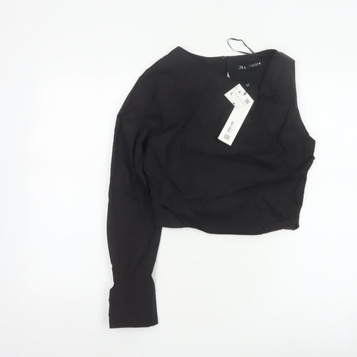 Zara Women Black L Wrap V-Neck Long Sleeve Lined Blouse