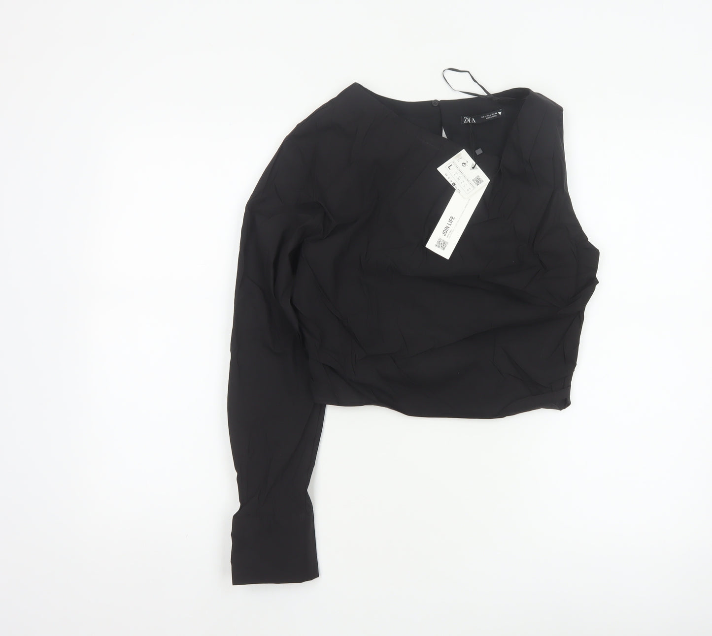 Zara Women Black L Wrap V-Neck Long Sleeve Lined Blouse