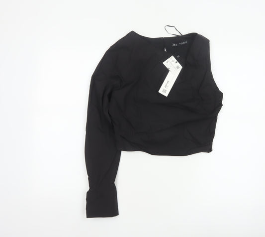 Zara Women Black L Wrap V-Neck Long Sleeve Lined Blouse
