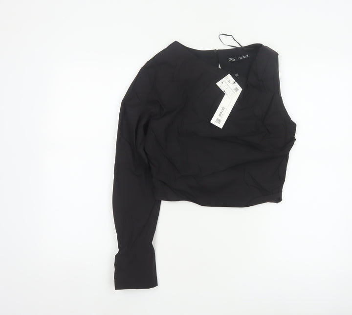 Zara Women Black L Wrap V-Neck Long Sleeve Lined Blouse