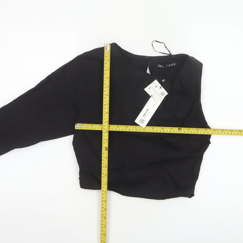 Zara Women Black L Wrap V-Neck Long Sleeve Lined Blouse