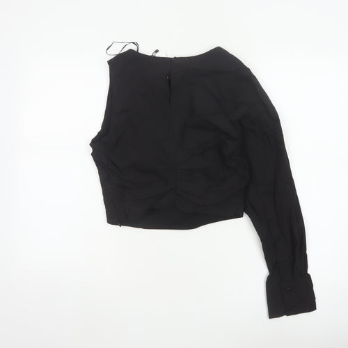 Zara Women Black L Wrap V-Neck Long Sleeve Lined Blouse