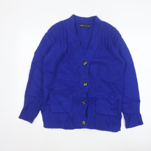 Marks and Spencer Women Blue Size S Button Pocket Knit Cardigan