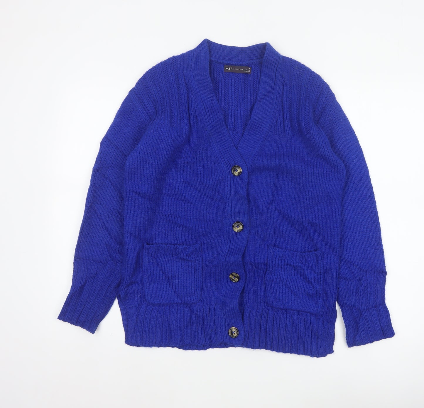 Marks and Spencer Women Blue Size S Button Pocket Knit Cardigan