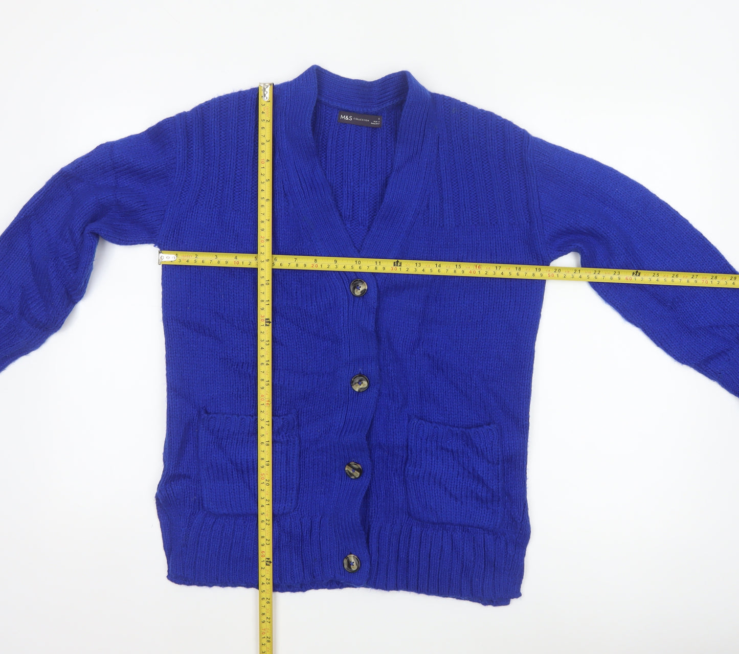 Marks and Spencer Women Blue Size S Button Pocket Knit Cardigan