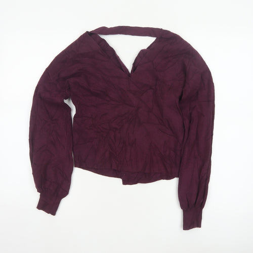 Miss Selfridge Women Purple UK 6 Wrap V-Neck Balloon Sleeve Knit Jumper