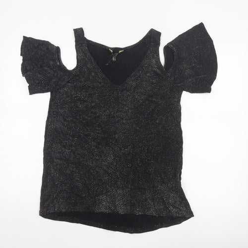 Lipsy London Women’s Black Glitter Cold Shoulder V-Neck Basic Top UK 8