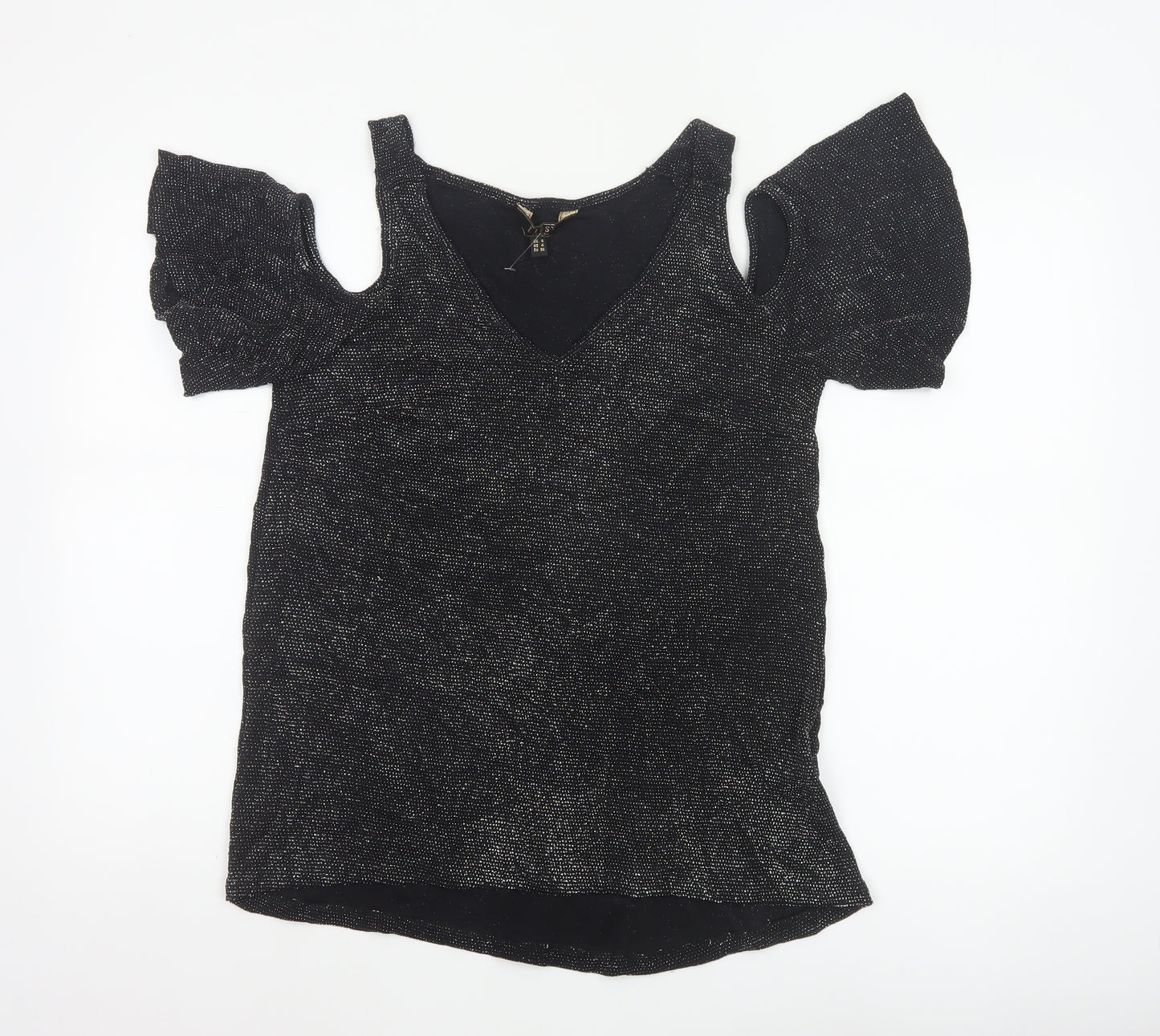 Lipsy London Women’s Black Glitter Cold Shoulder V-Neck Basic Top UK 8