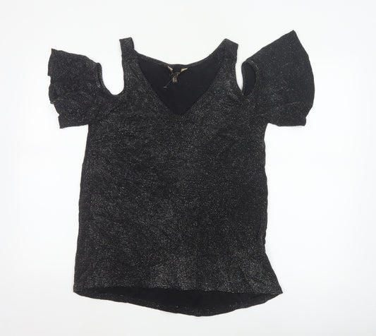 Lipsy London Women’s Black Glitter Cold Shoulder V-Neck Basic Top UK 8