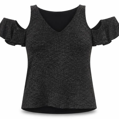 Lipsy London Women’s Black Glitter Cold Shoulder V-Neck Basic Top UK 8
