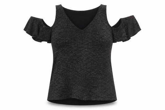 Lipsy London Women’s Black Glitter Cold Shoulder V-Neck Basic Top UK 8