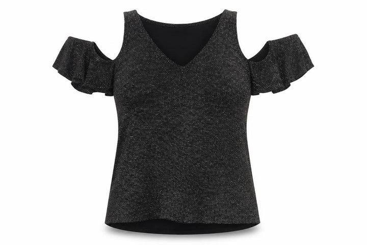 Lipsy London Women’s Black Glitter Cold Shoulder V-Neck Basic Top UK 8