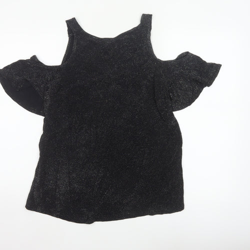 Lipsy London Women’s Black Glitter Cold Shoulder V-Neck Basic Top UK 8