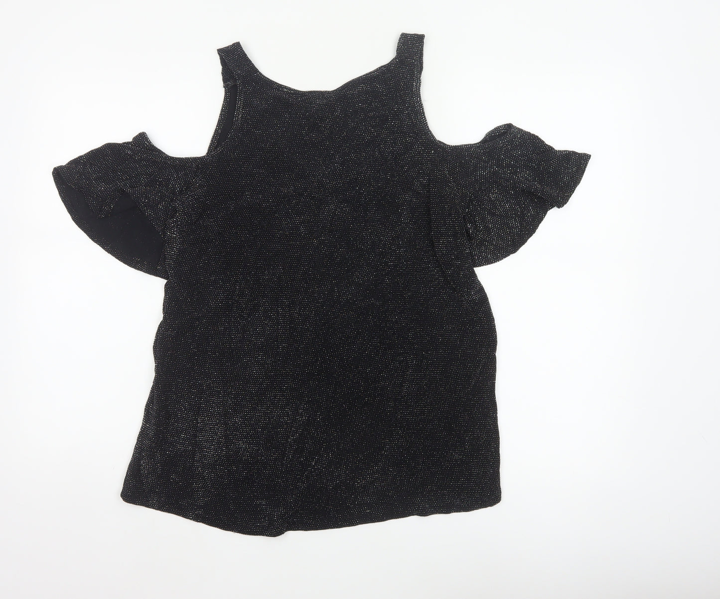 Lipsy London Women’s Black Glitter Cold Shoulder V-Neck Basic Top UK 8