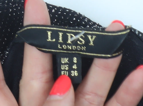 Lipsy London Women’s Black Glitter Cold Shoulder V-Neck Basic Top UK 8