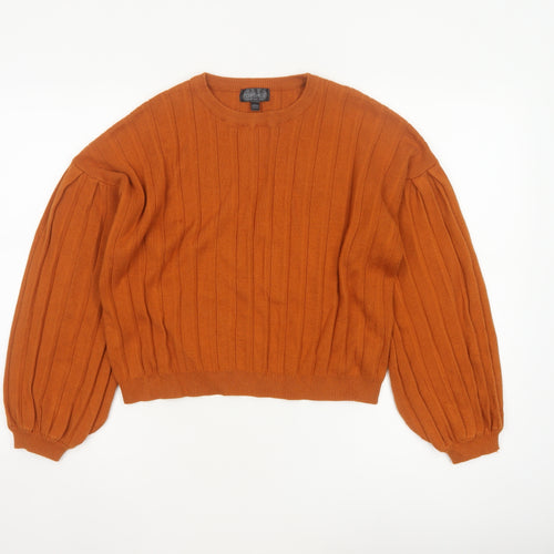 Topshop Women Orange UK 10 Ribbed Puff Sleeve Crew Neck Jumper