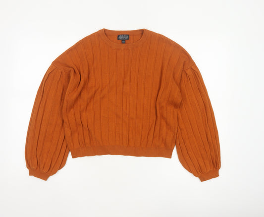 Topshop Women Orange UK 10 Ribbed Puff Sleeve Crew Neck Jumper