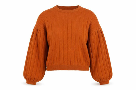 Topshop Women Orange UK 10 Ribbed Puff Sleeve Crew Neck Jumper