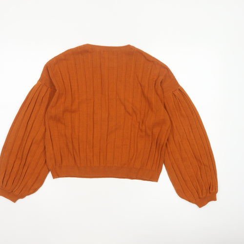 Topshop Women Orange UK 10 Ribbed Puff Sleeve Crew Neck Jumper