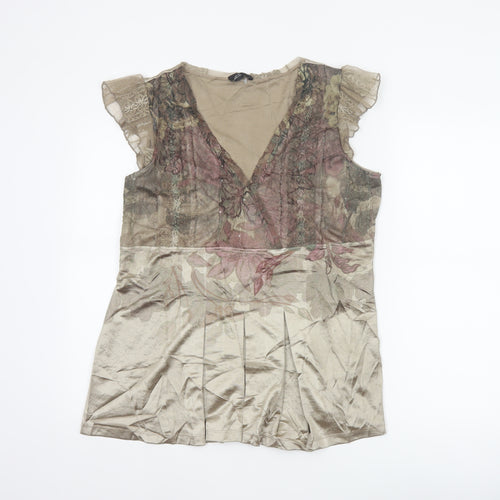 M&S Per Una Women Beige Floral Mesh Wrap Blouse Size 16