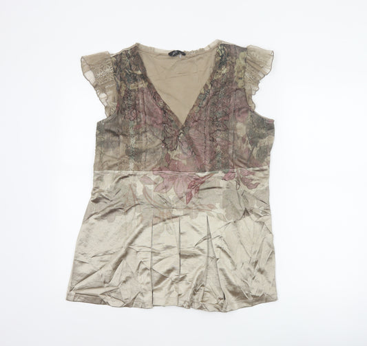 M&S Per Una Women Beige Floral Mesh Wrap Blouse Size 16