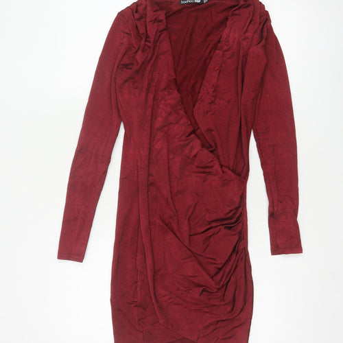 Boohoo Night Women Red UK 10 Bodycon Wrap Ruffle Long Sleeve Party Dress