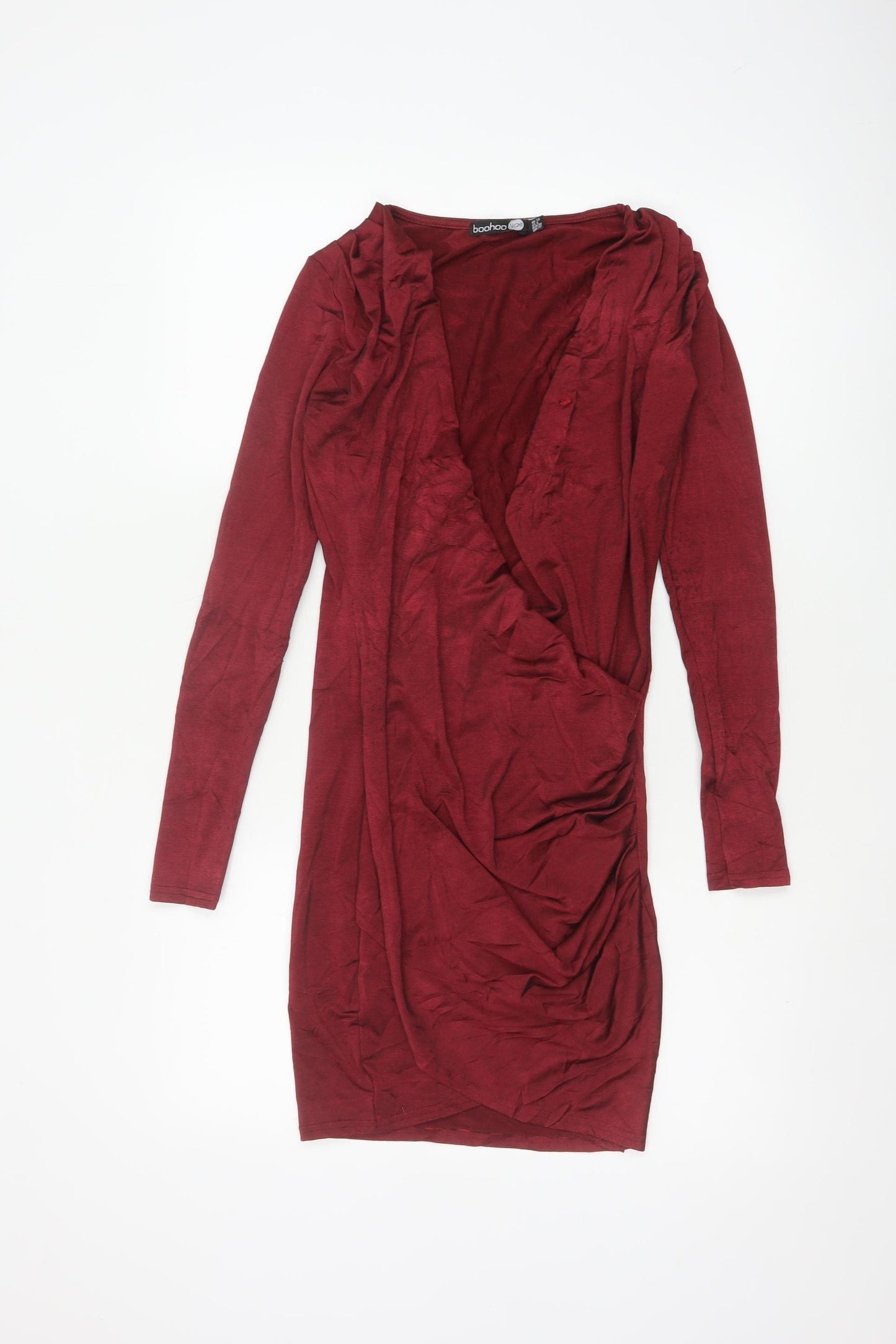 Boohoo Night Women Red UK 10 Bodycon Wrap Ruffle Long Sleeve Party Dress