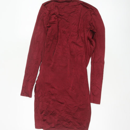 Boohoo Night Women Red UK 10 Bodycon Wrap Ruffle Long Sleeve Party Dress