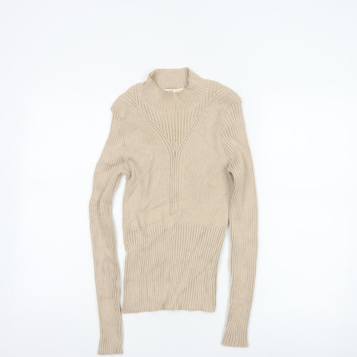 Oasis Women Beige M Ribbed Mock Neck Slim Knit Pullover Jumper