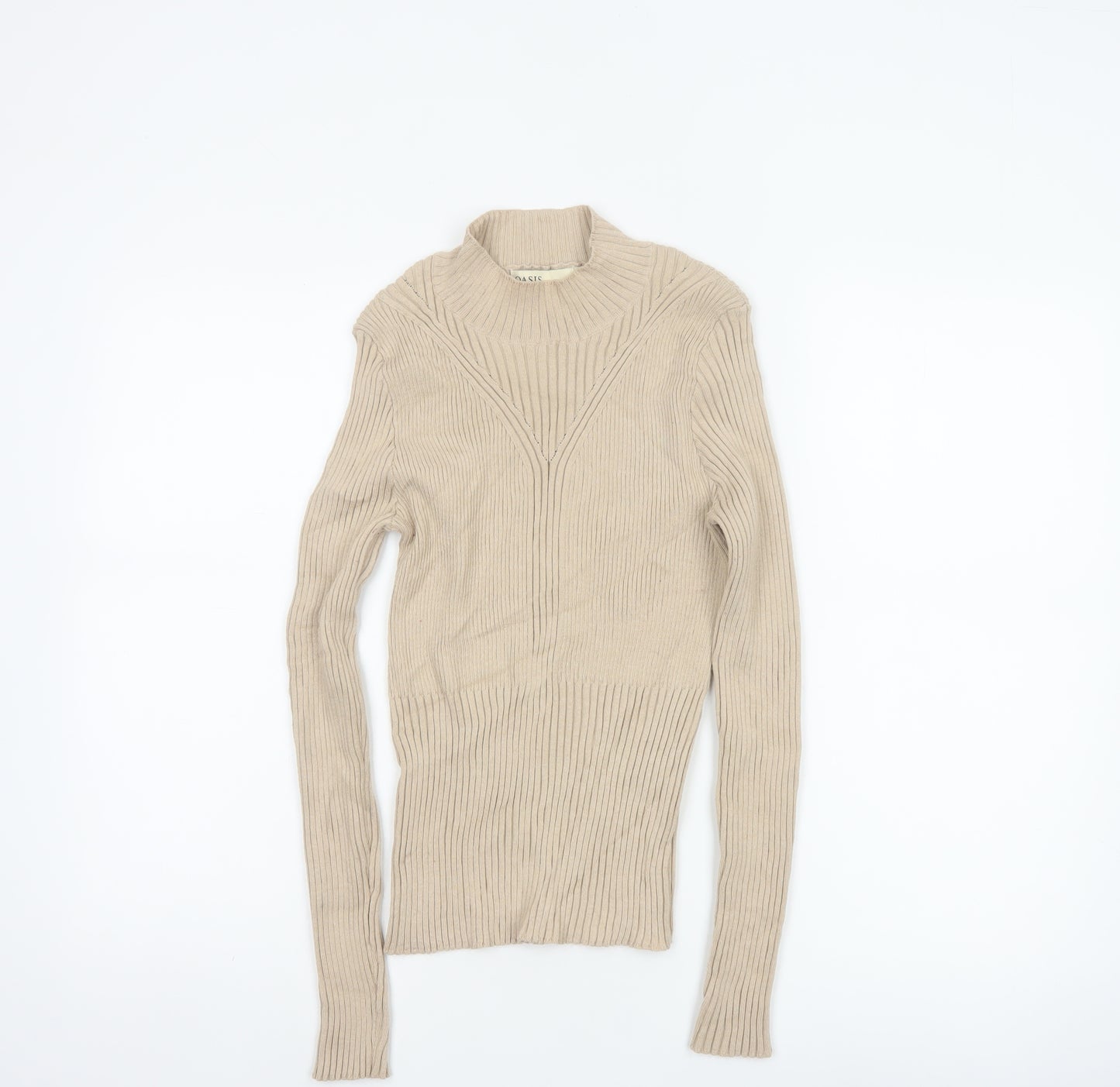 Oasis Women Beige M Ribbed Mock Neck Slim Knit Pullover Jumper