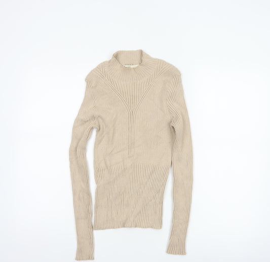 Oasis Women Beige M Ribbed Mock Neck Slim Knit Pullover Jumper