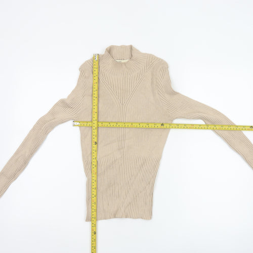 Oasis Women Beige M Ribbed Mock Neck Slim Knit Pullover Jumper