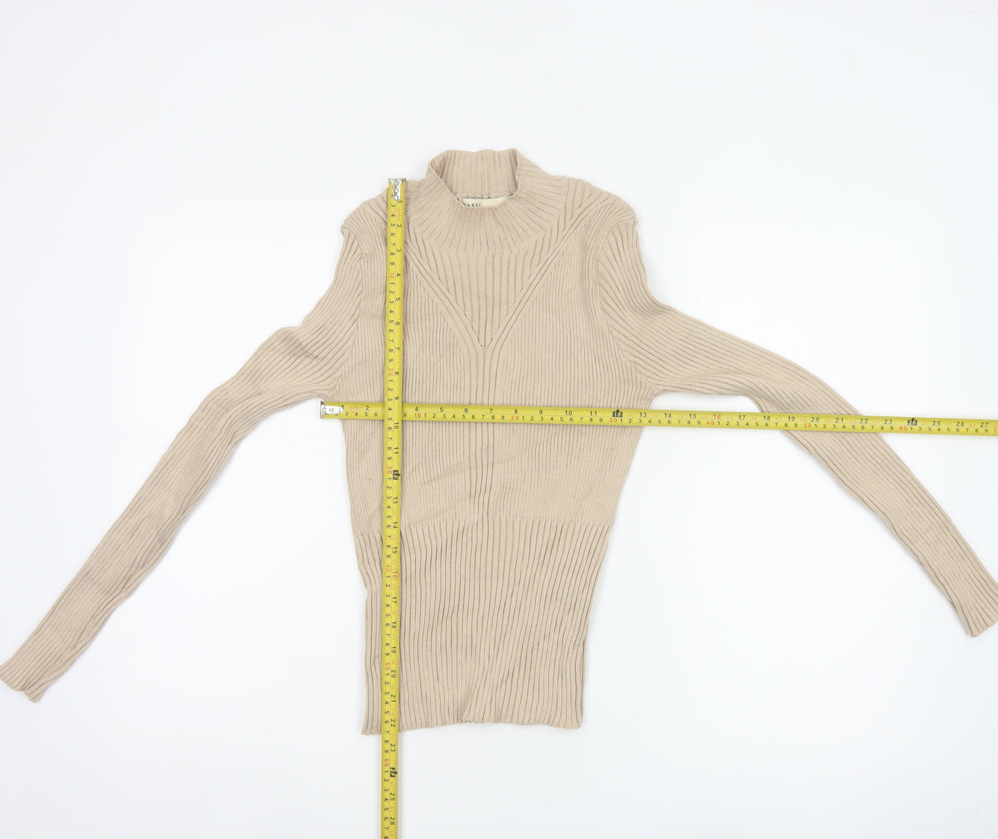 Oasis Women Beige M Ribbed Mock Neck Slim Knit Pullover Jumper