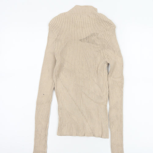 Oasis Women Beige M Ribbed Mock Neck Slim Knit Pullover Jumper