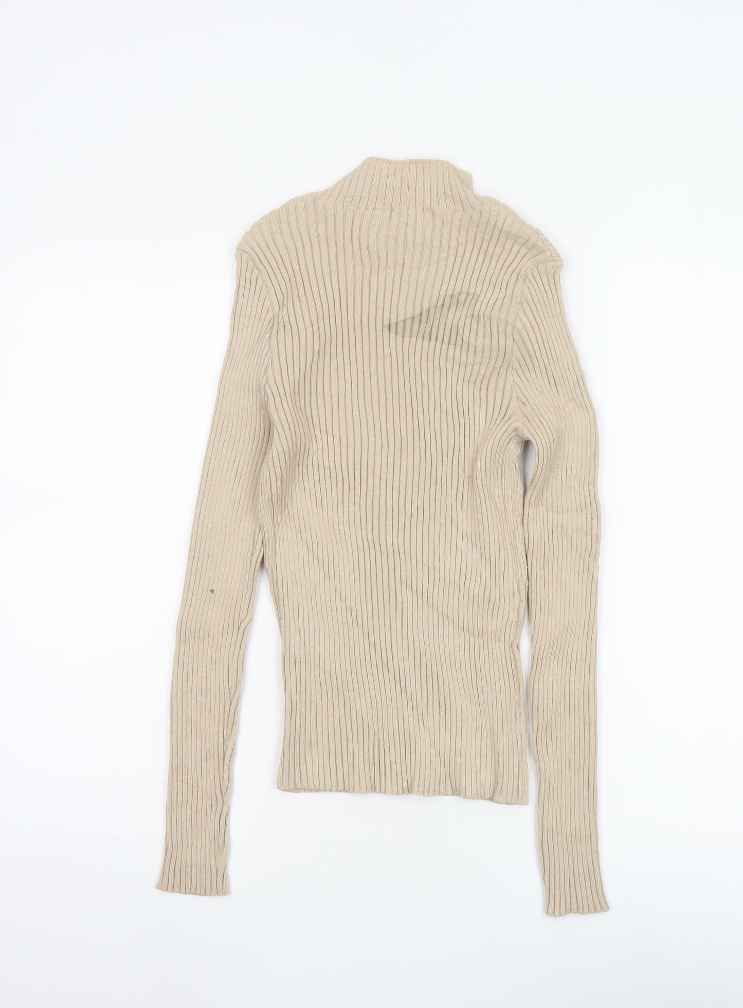 Oasis Women Beige M Ribbed Mock Neck Slim Knit Pullover Jumper