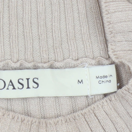 Oasis Women Beige M Ribbed Mock Neck Slim Knit Pullover Jumper