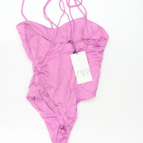 Zara Women Pink S Strappy Ruched Stretch Bodysuit Party Clubwear